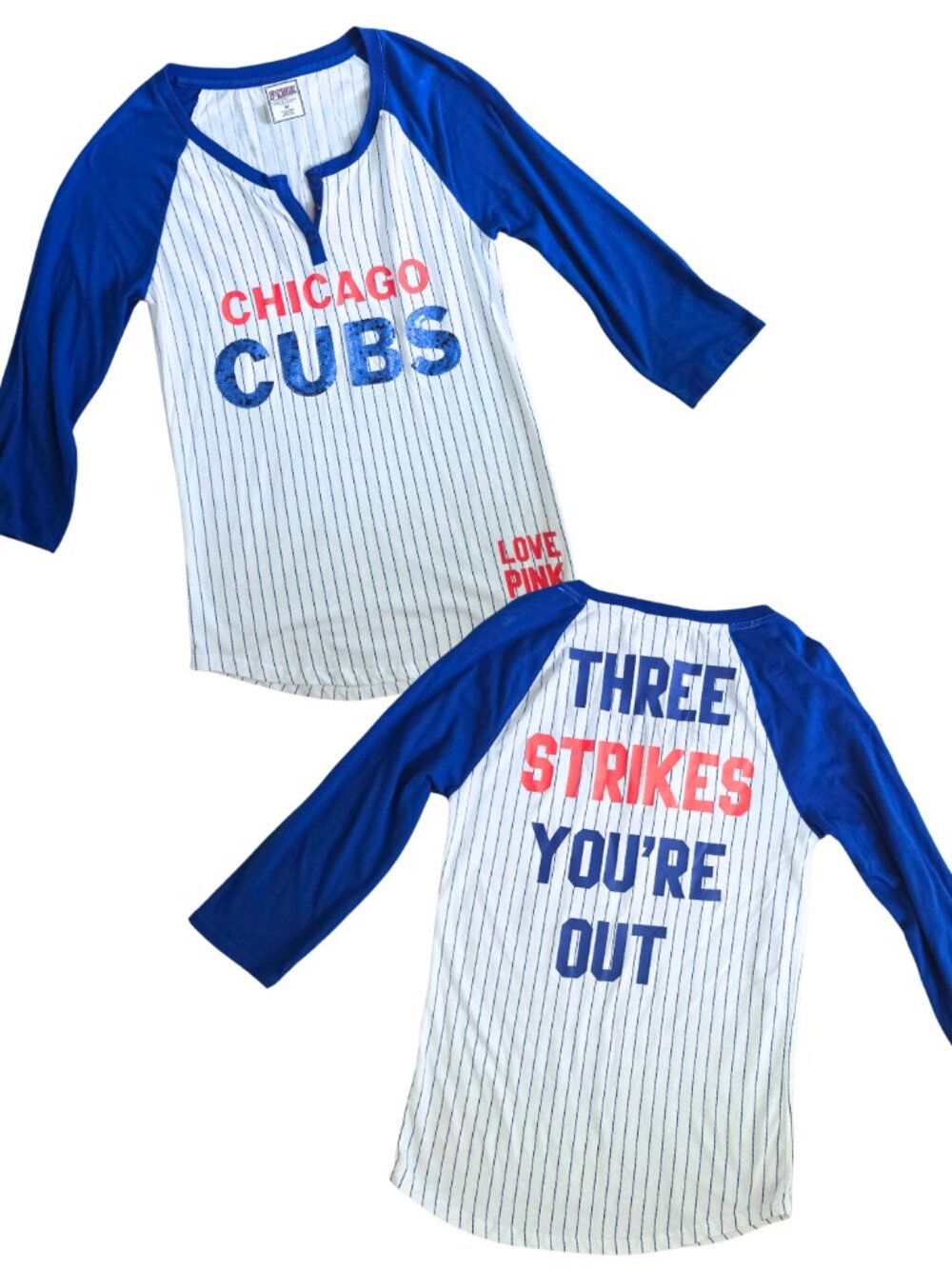 PINK Victoria Secret Chicago Cubs Baseball Shirt Sequin Pinstripe Henley- Medium